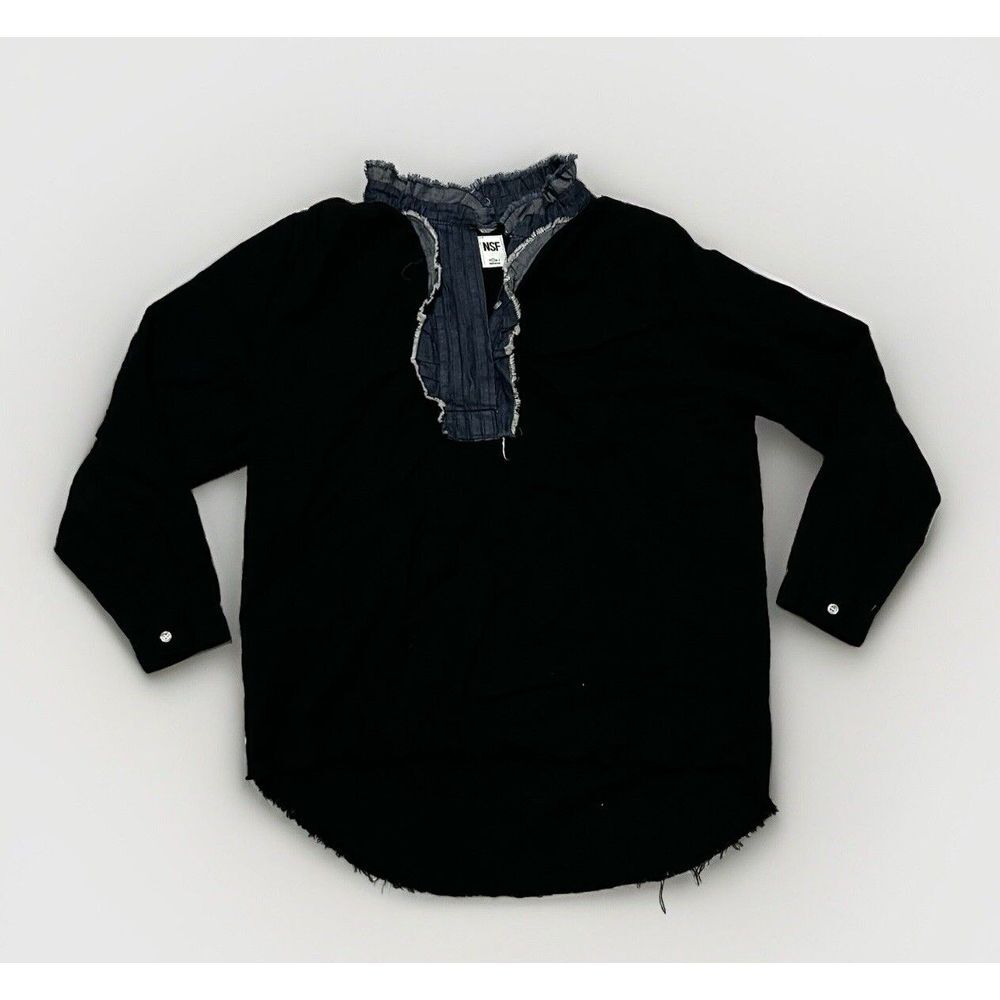 NSF Cotton Top Denim Ruffled Neck Detail Size S Black Long Sleeve